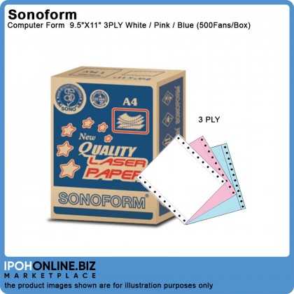 SONOFORM 9.5 x 11 Inch 3PLY NCR Computer Form 500 Fans - White Pink Blue SONOFORM 9.5 x 11 Inch 3PLY NCR Computer Form 500 Fans - White Pink Blue